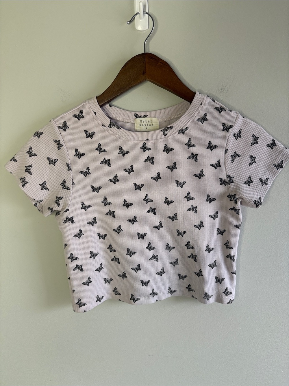 Y2K Urban Nation Butterfly Waffle Knit Baby Tee Crop Top L